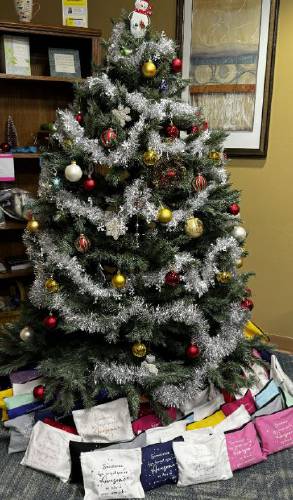 The holiday tree in MCH’s Oncology and Infusion Therapy center filled with donated beauty bags.